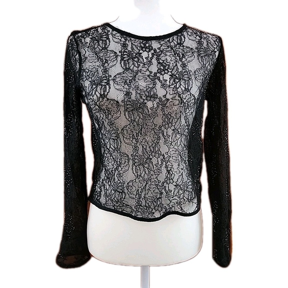 Zara Womens Sheer Top Size S Black Lace Beaded Long Sleeve Goth‎ Going Out Edgy